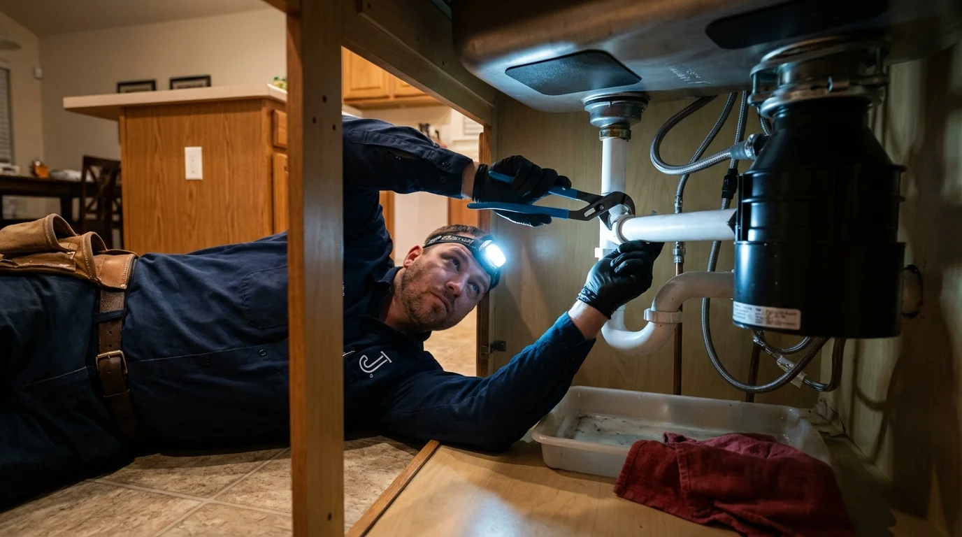 P-trap and supply line connections under a kitchen sink showing a common leak point in Escondido, CA